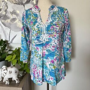 Lilly Pulitzer Kaia Knit Tunic Postcards from Positano Blue Pink Coastal Print